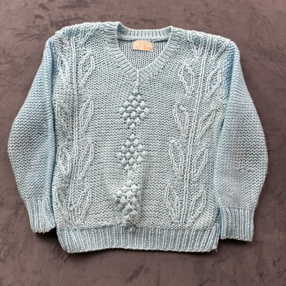 Vintage Sears Baby Blue Chunky Knit Popcorn Leaf Cable V-Neck Sweater Large